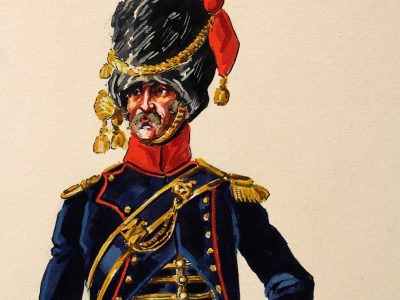 Superbe et Grande Peinture Encre et Gouache originale - Henry Boisselier - Officier d'artillerie à cheval - Camp de Dresde - 1er Empire - Napoléon 1er