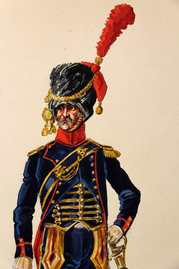 Superbe et Grande Peinture Encre et Gouache originale - Henry Boisselier - Officier d'artillerie à cheval - Camp de Dresde - 1er Empire - Napoléon 1er