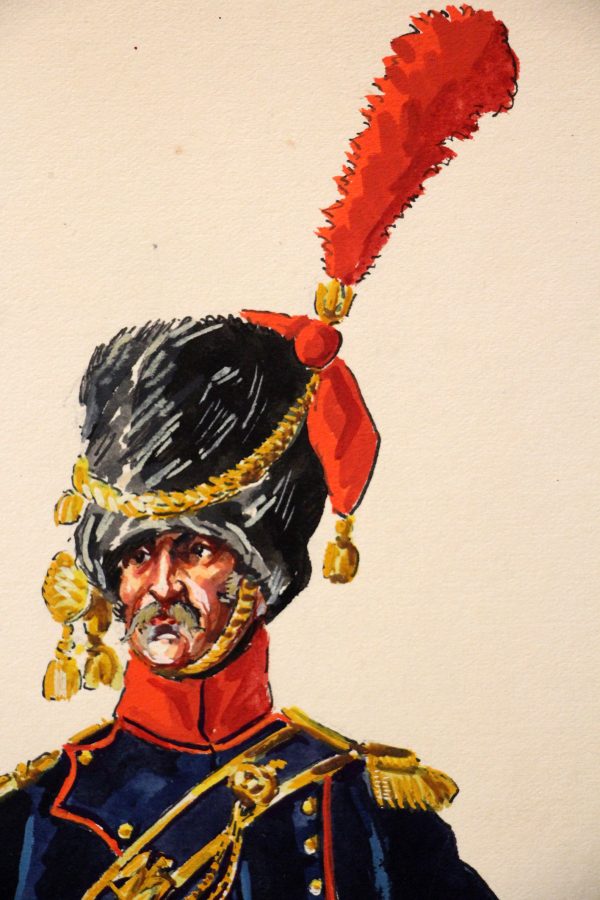 Superbe et Grande Peinture Encre et Gouache originale - Henry Boisselier - Officier d'artillerie à cheval - Camp de Dresde - 1er Empire - Napoléon 1er
