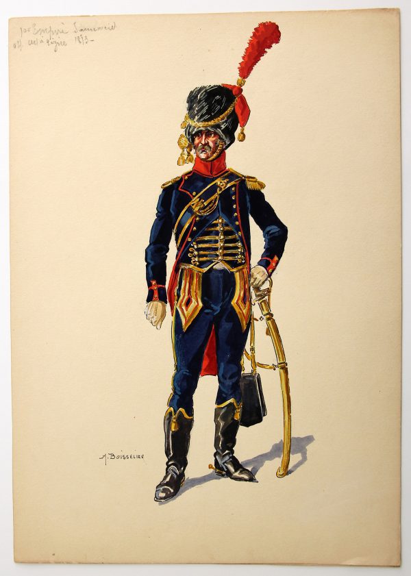 Superbe et Grande Peinture Encre et Gouache originale - Henry Boisselier - Officier d'artillerie à cheval - Camp de Dresde - 1er Empire - Napoléon 1er