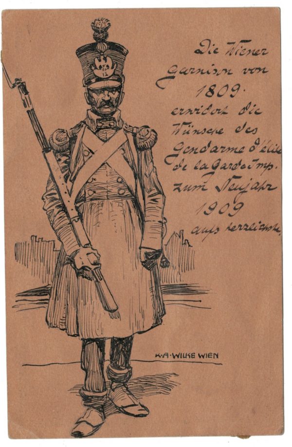Carte Postale - Dessin plume encre original - Karl Alexander Wilke - Infanterie France - Napoléon - 1809 - 1er Empire - Bucquoy Lieutenant