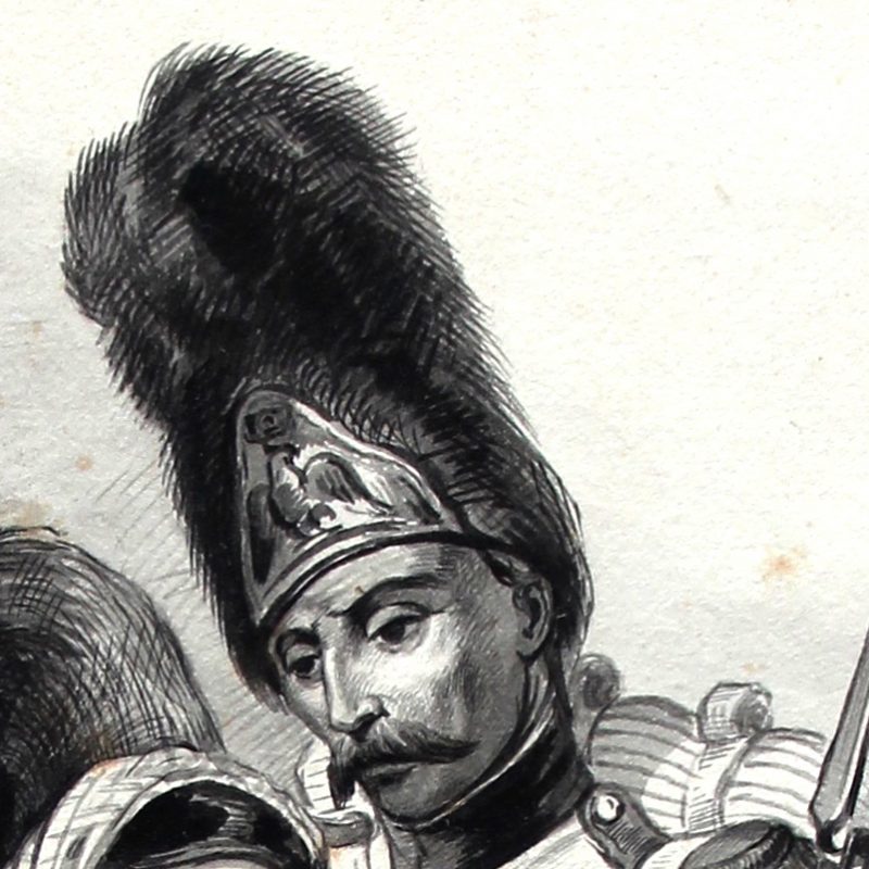 Grand dessin plume encre original - Scène 1814 - Invasion France - Napoléon 1er - 1er Empire - Grenadier Garde - Craonne - 1814 - Cantinière