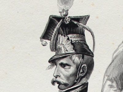 Grand dessin plume encre original - Scène 1814 - Invasion France - Napoléon 1er - 1er Empire - Grenadier Garde - Craonne - 1814 - Lancier