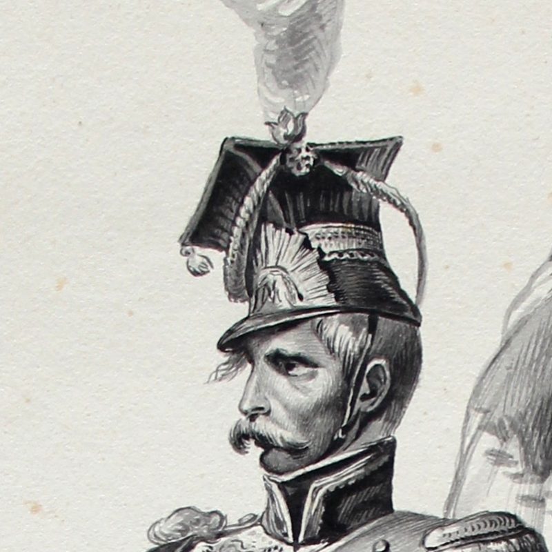 Grand dessin plume encre original - Scène 1814 - Invasion France - Napoléon 1er - 1er Empire - Grenadier Garde - Craonne - 1814 - Lancier