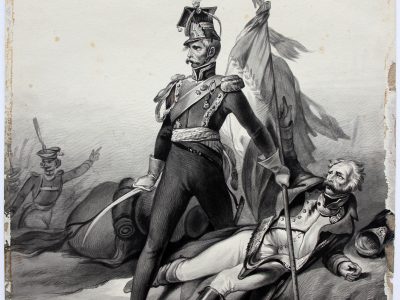 Grand dessin plume encre original - Scène 1814 - Invasion France - Napoléon 1er - 1er Empire - Grenadier Garde - Craonne - 1814 - Lancier