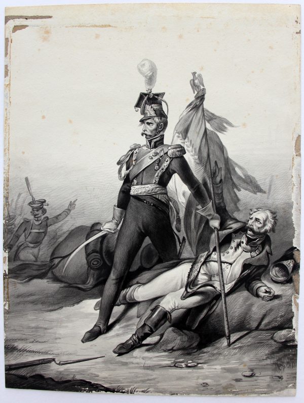 Grand dessin plume encre original - Scène 1814 - Invasion France - Napoléon 1er - 1er Empire - Grenadier Garde - Craonne - 1814 - Lancier