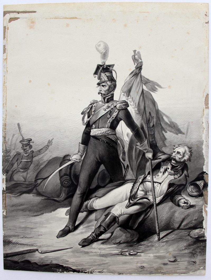 Grand dessin plume encre original - Scène 1814 - Invasion France - Napoléon 1er - 1er Empire - Grenadier Garde - Craonne - 1814 - Lancier