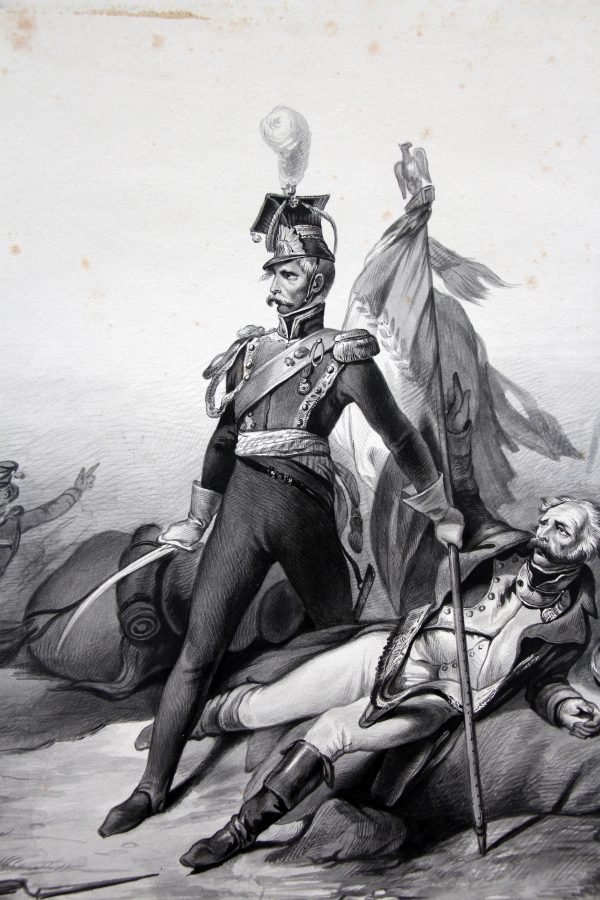 Grand dessin plume encre original - Scène 1814 - Invasion France - Napoléon 1er - 1er Empire - Grenadier Garde - Craonne - 1814 - Lancier