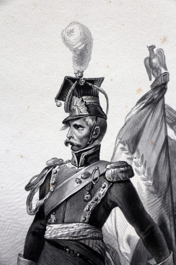 Grand dessin plume encre original - Scène 1814 - Invasion France - Napoléon 1er - 1er Empire - Grenadier Garde - Craonne - 1814 - Lancier