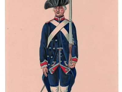 Peinture originale rehaussée - Invalides du bureau de la Guerre à Versailles - Henry Boisselier - Gouache - 1776 Uniforme