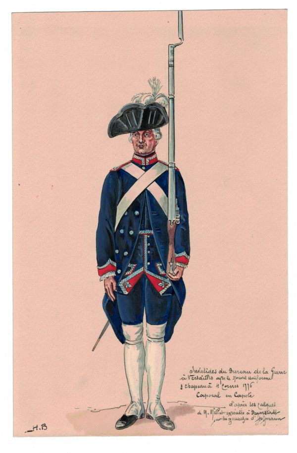 Peinture originale rehaussée - Invalides du bureau de la Guerre à Versailles - Henry Boisselier - Gouache - 1776 Uniforme