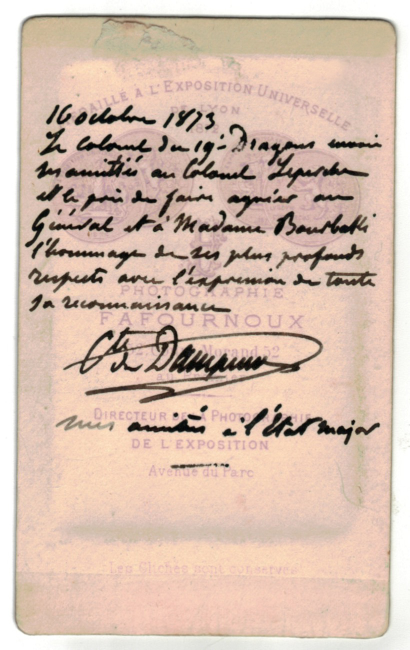 CDV - Cabinet Card - 3éme République Colonel du 19e Dragons 1873 - Colonel Comte de Damier - Guerre d'Italie - Sedan 1870 - Second Empire -