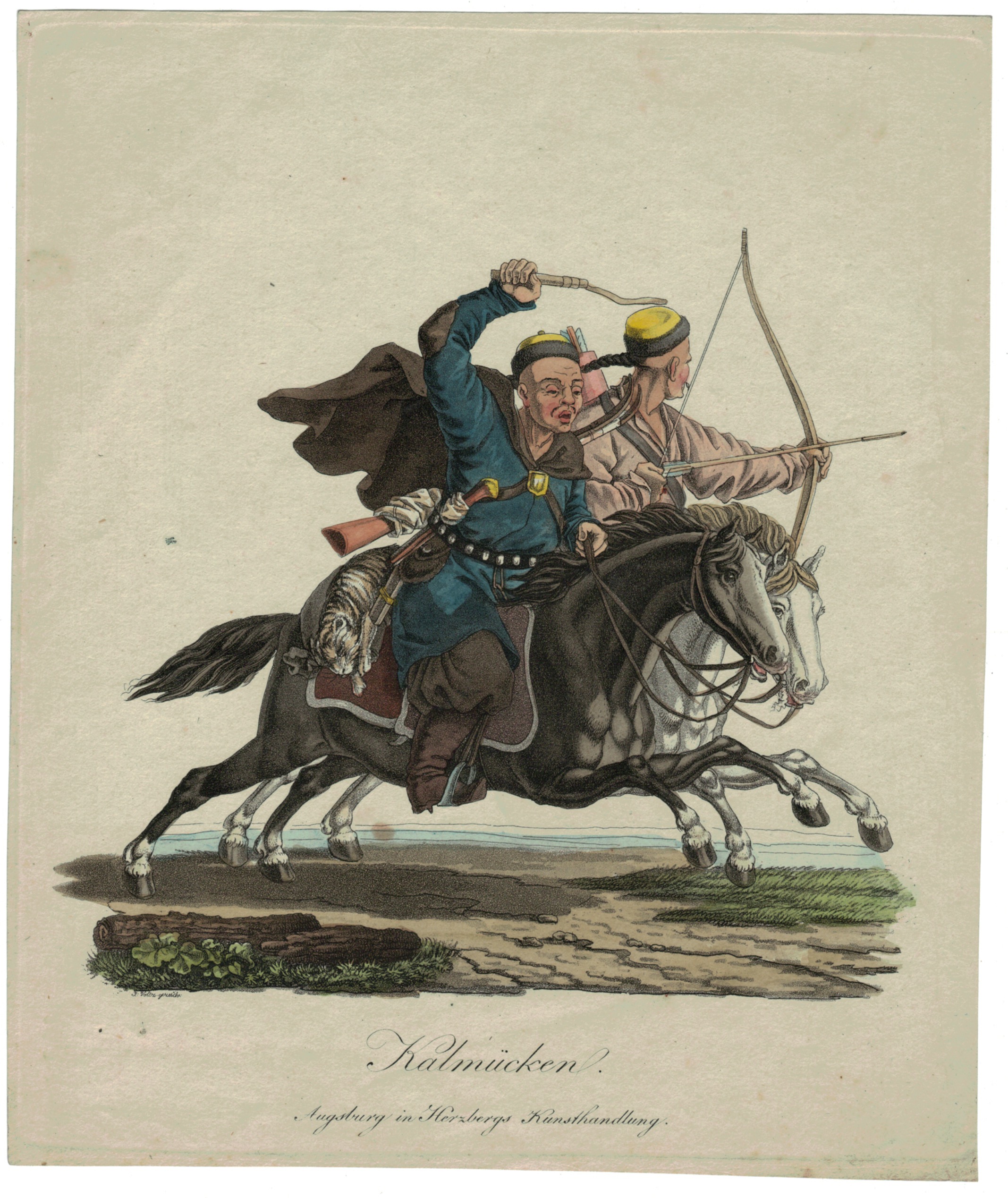 Gravure XIX - Cosaques - Russie - Cavalier - Guerres Napoléoniennes - 1812 - Napoléon I - Borodino - Kalmücken