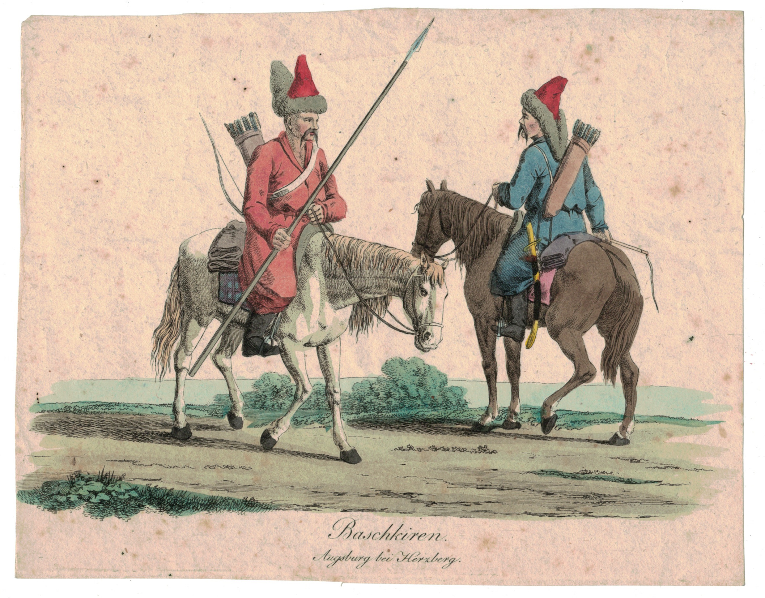 Gravure XIX - Cosaques - Russie - Cavalier - Guerres Napoléoniennes - 1812 - Napoléon I - Borodino - Baschkiren
