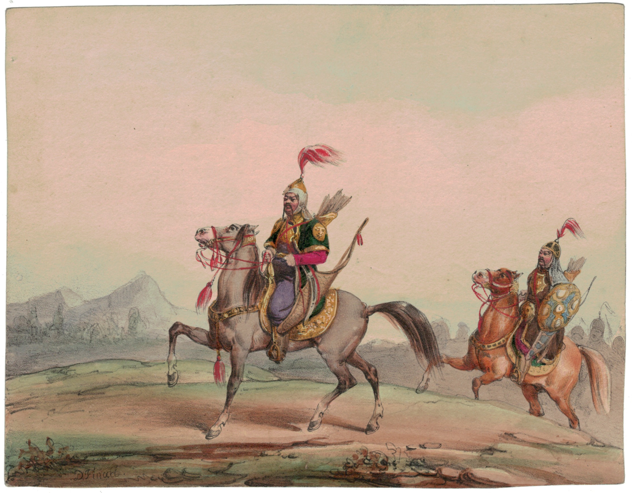 Gravure XIX - Cosaques - Russie - Cavalier - Guerres Napoléoniennes - 1812 - Napoléon I - Borodino - Bashkir - Kirghize - NOËL-DIEUDONNÉ FINART (1797 - 1852)