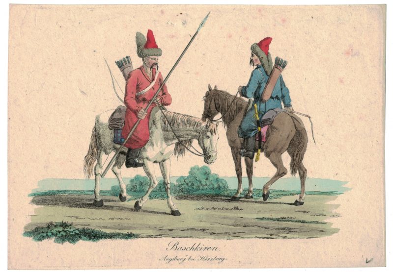 Gravure XIX - Cosaques - Russie - Cavalier - Guerres Napoléoniennes - 1812 - Napoléon I - Borodino - Baschkiren