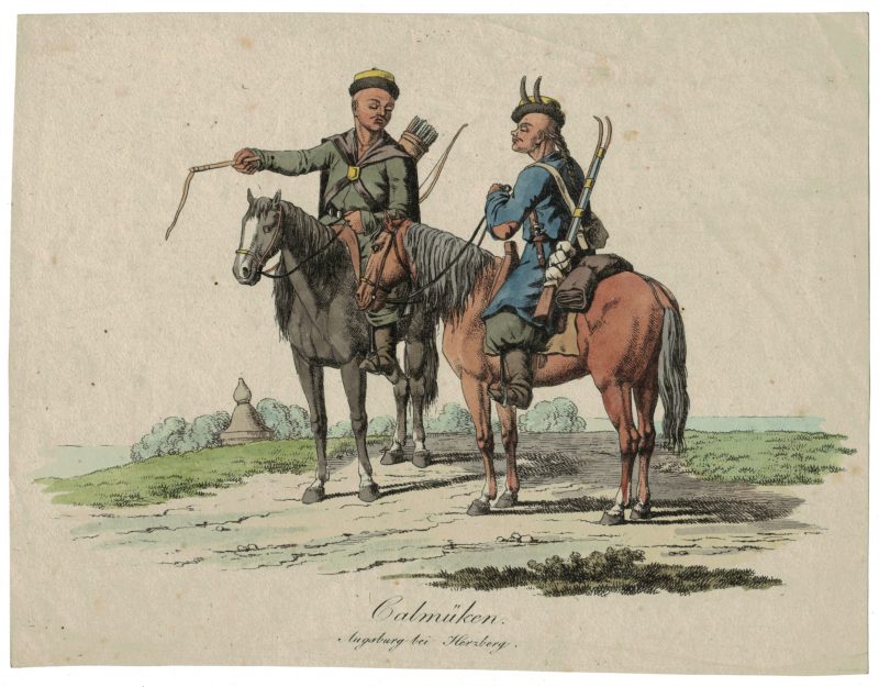 Gravure XIX - Cosaques - Russie - Cavalier - Guerres Napoléoniennes - 1812 - Napoléon I - Borodino - Kalmücken