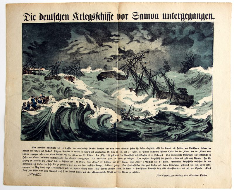 Planche imagerie - Neu-Ruppin, Bei Oehmigke & Riemschneider - Fin XIX - Die Deutschen Kriegsschiffe vor Samoa untergegangen -