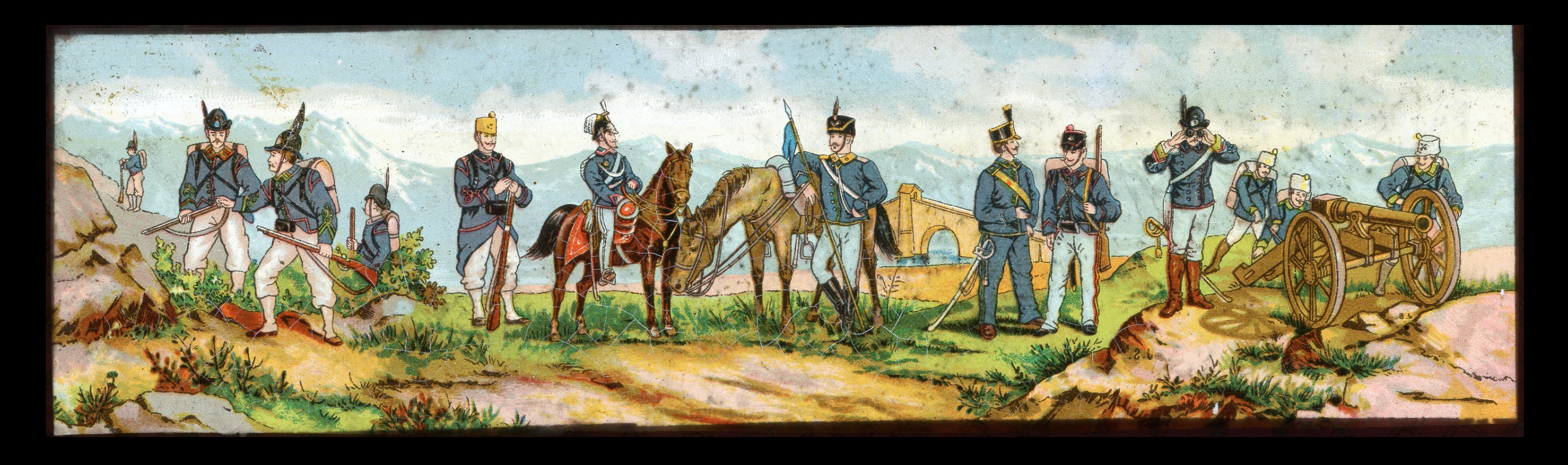 12 anciennes plaques de verre de lanterne magique .Vie militaire