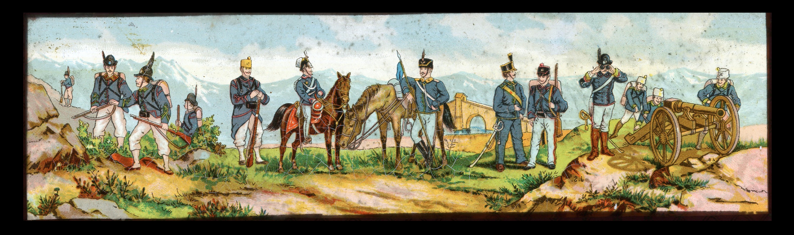 6 plaques de verre - Lanterne magique - XIX - Mes Armées Européennes XIX - Prusse - Angleterre - Italie - En campagne - Uniforme