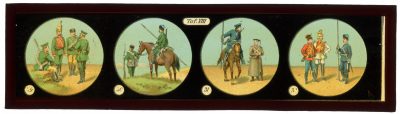 11 plaques de verre - Lanterne magique - XIX - Mes Armées Européennes XIX - Prusse - Angleterre - Italie - En campagne - Uniforme