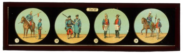 11 plaques de verre - Lanterne magique - XIX - Mes Armées Européennes XIX - Prusse - Angleterre - Italie - En campagne - Uniforme