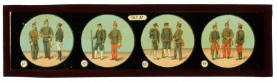 11 plaques de verre - Lanterne magique - XIX - Mes Armées Européennes XIX - Prusse - Angleterre - Italie - En campagne - Uniforme