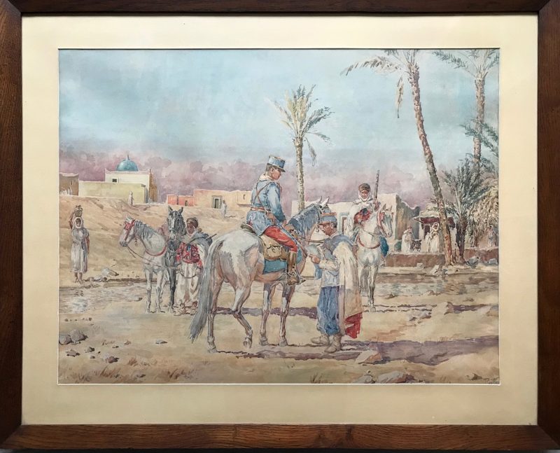 Grand Gouache Aquarelle - Soldat 1940 - Uniforme - Compagnie saharienne - Spahis à l'arrêt - Algérie - Sahara