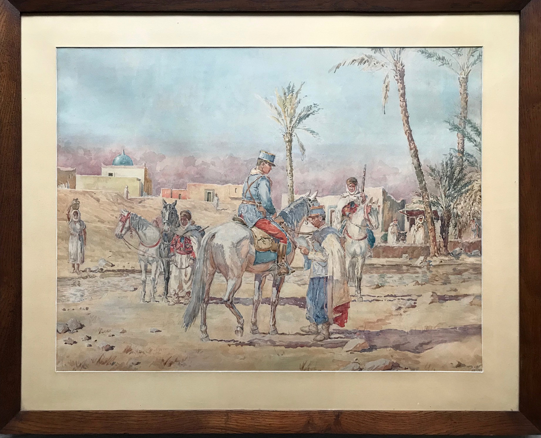 Grand Gouache Aquarelle - Soldat 1940 - Uniforme - Compagnie saharienne - Spahis à l'arrêt - Algérie - Sahara