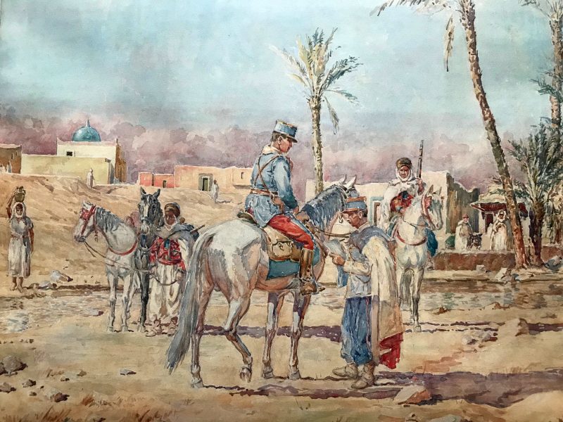 Grand Gouache Aquarelle - Soldat 1940 - Uniforme - Compagnie saharienne - Spahis à l'arrêt - Algérie - Sahara