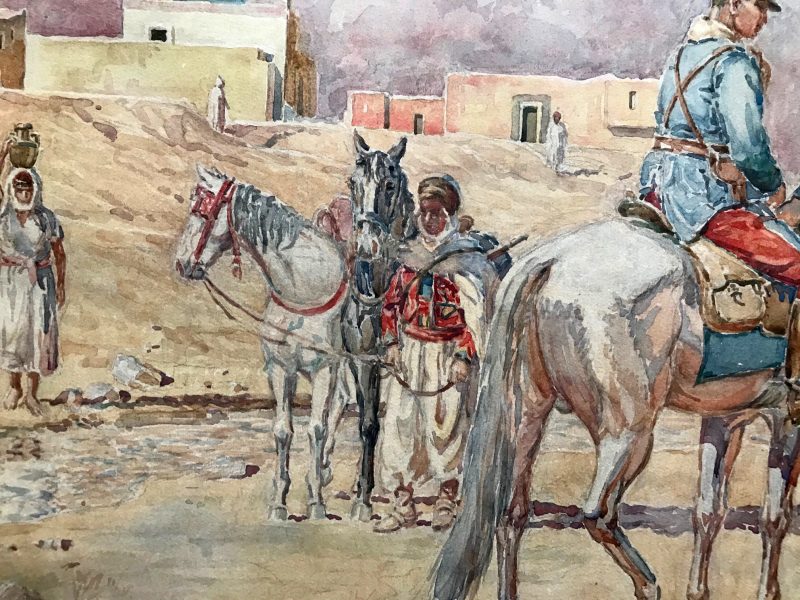 Grand Gouache Aquarelle - Soldat 1940 - Uniforme - Compagnie saharienne - Spahis à l'arrêt - Algérie - Sahara