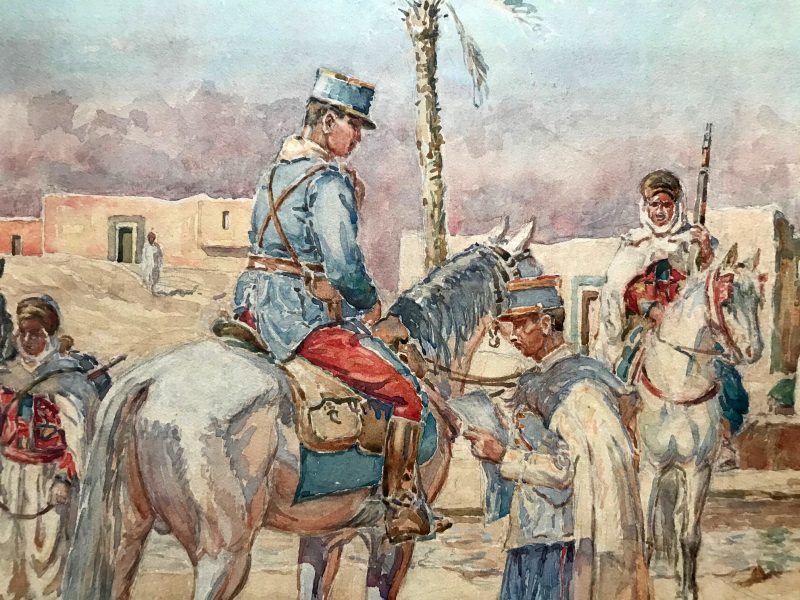 Grand Gouache Aquarelle - Soldat 1940 - Uniforme - Compagnie saharienne - Spahis à l'arrêt - Algérie - Sahara