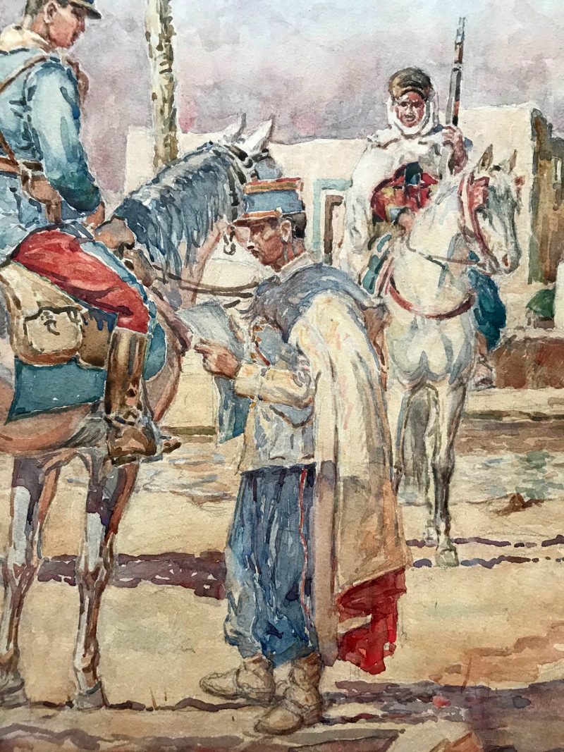 Grand Gouache Aquarelle - Soldat 1940 - Uniforme - Compagnie saharienne - Spahis à l'arrêt - Algérie - Sahara