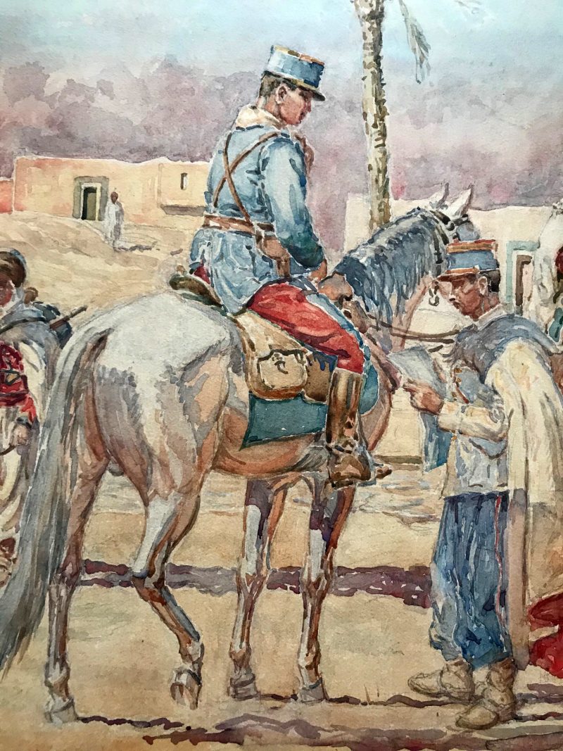 Grand Gouache Aquarelle - Soldat 1940 - Uniforme - Compagnie saharienne - Spahis à l'arrêt - Algérie - Sahara