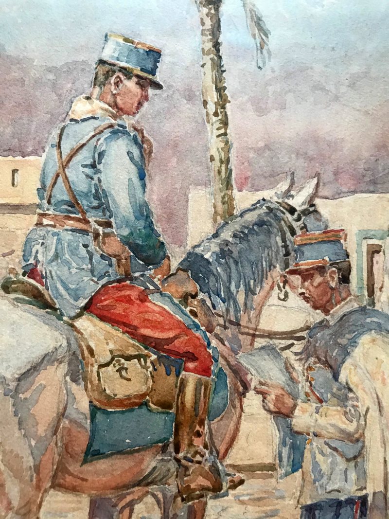 Grand Gouache Aquarelle - Soldat 1940 - Uniforme - Compagnie saharienne - Spahis à l'arrêt - Algérie - Sahara