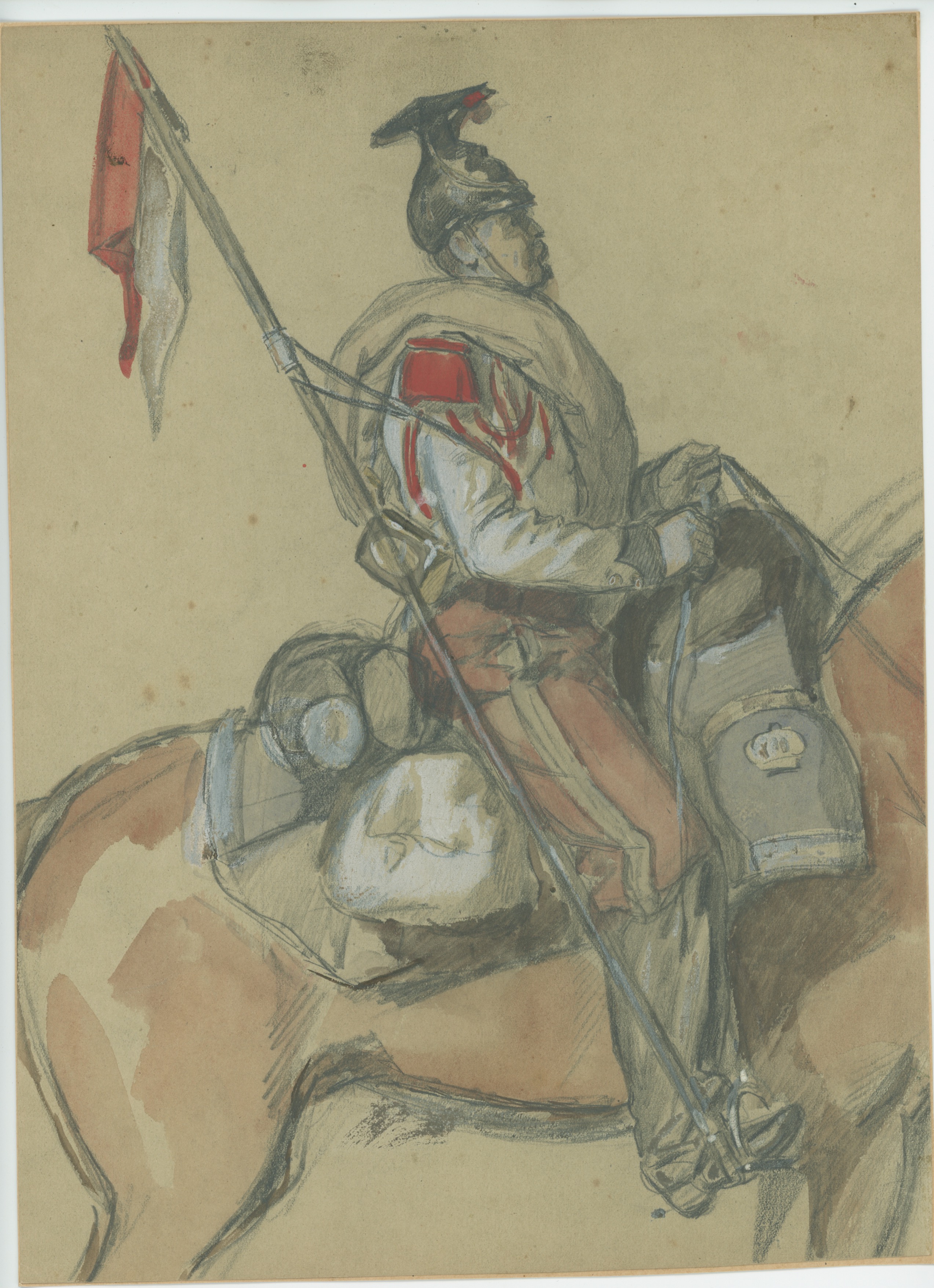 Dessin crayon rehaussé couleurs - Lancier de la Garde - 1860 - Uniforme - Second Empire - Napoléon III - 1870