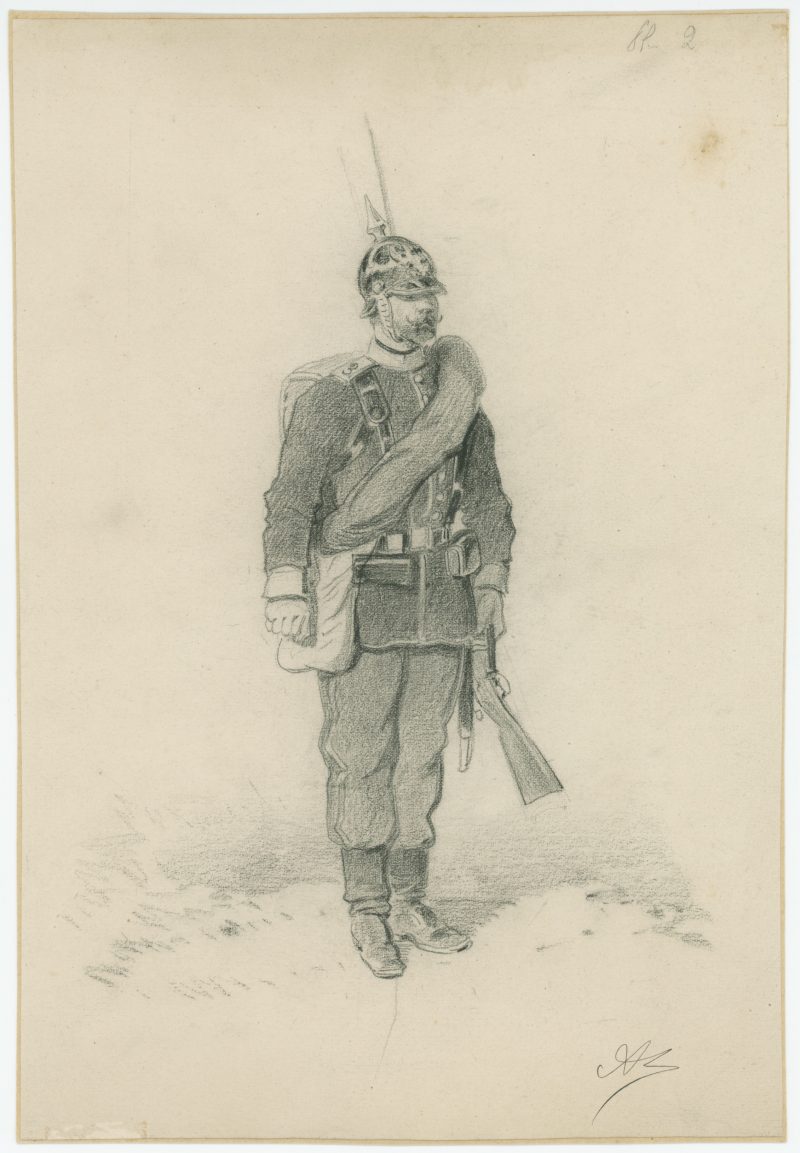 Dessin crayon rehaussé - Infanterie - Prusse - Soldat - Guerre 1870 - Campagne Franco Prussian War