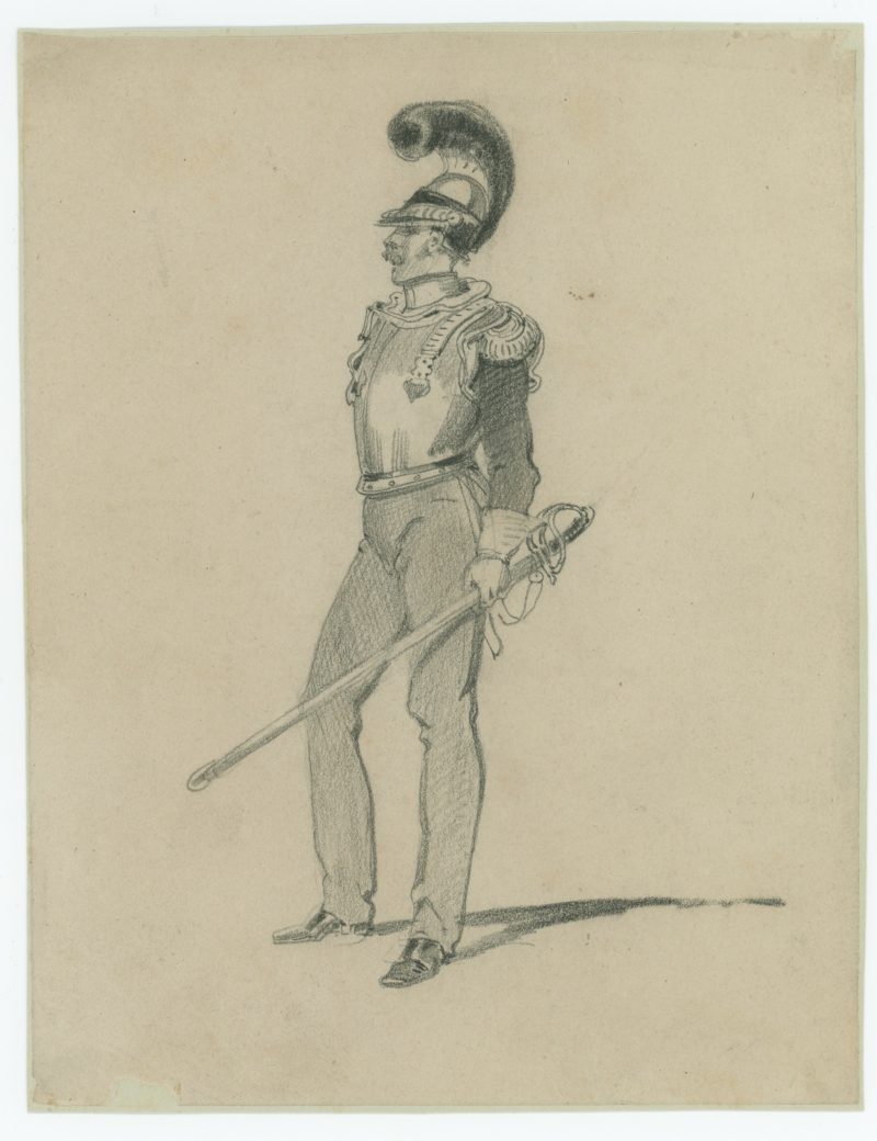 Dessin crayon rehaussé - Cuirassier - 1823 - Uniforme - Restauration