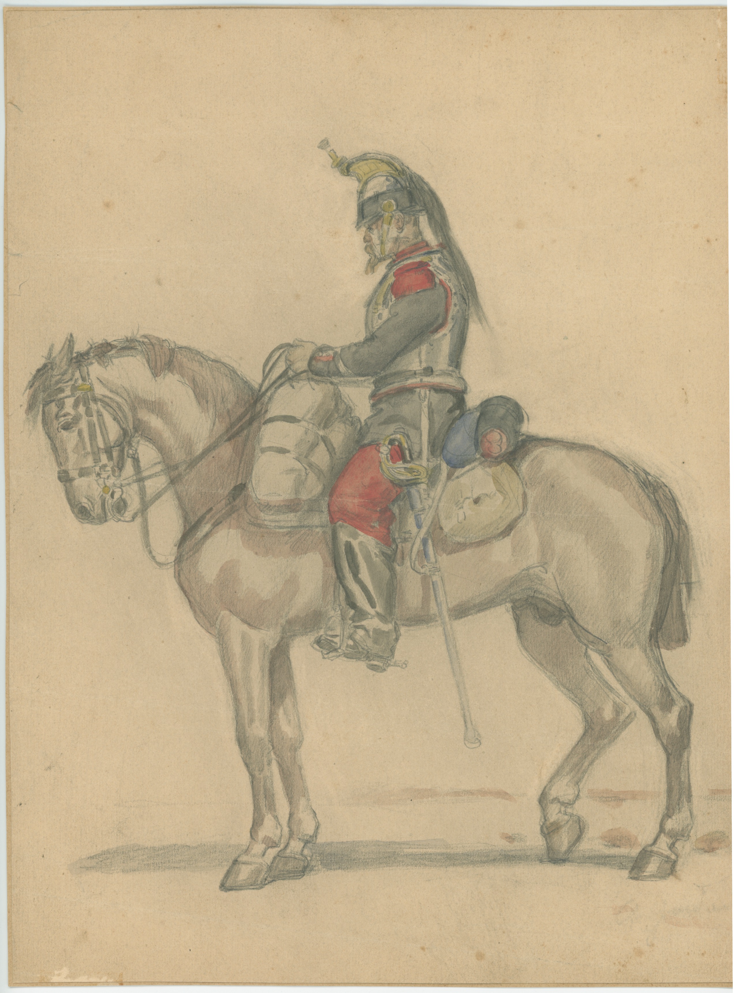 Dessin crayon rehaussé couleurs - Cuirassier de la ligne - 1860 - Uniforme - Second Empire - Napoléon III - 1870