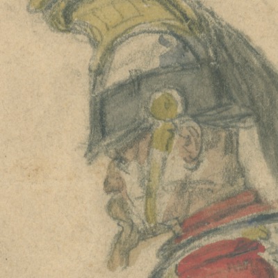 Dessin crayon rehaussé couleurs - Cuirassier de la ligne - 1860 - Uniforme - Second Empire - Napoléon III - 1870