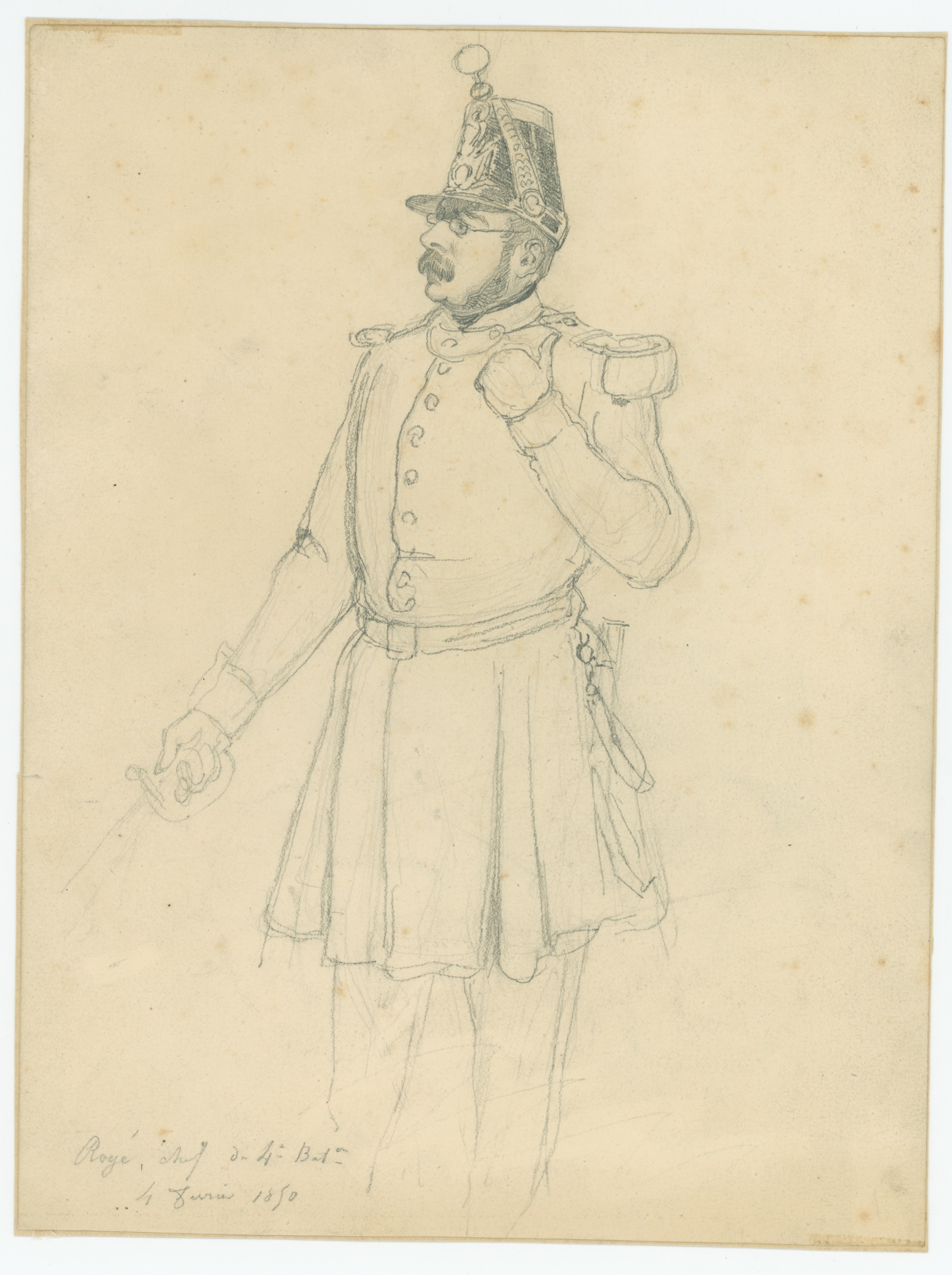 Dessin crayon rehaussé - Infanterie de ligne - 1850 - Uniforme - Second Empire - Napoléon III - 1870