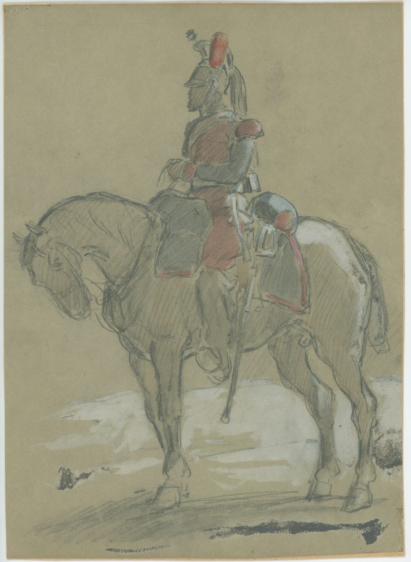 Dessin crayon rehaussé couleurs - Dragons de la Ligne - 1860 - Uniforme - Second Empire - Napoléon III - 1870