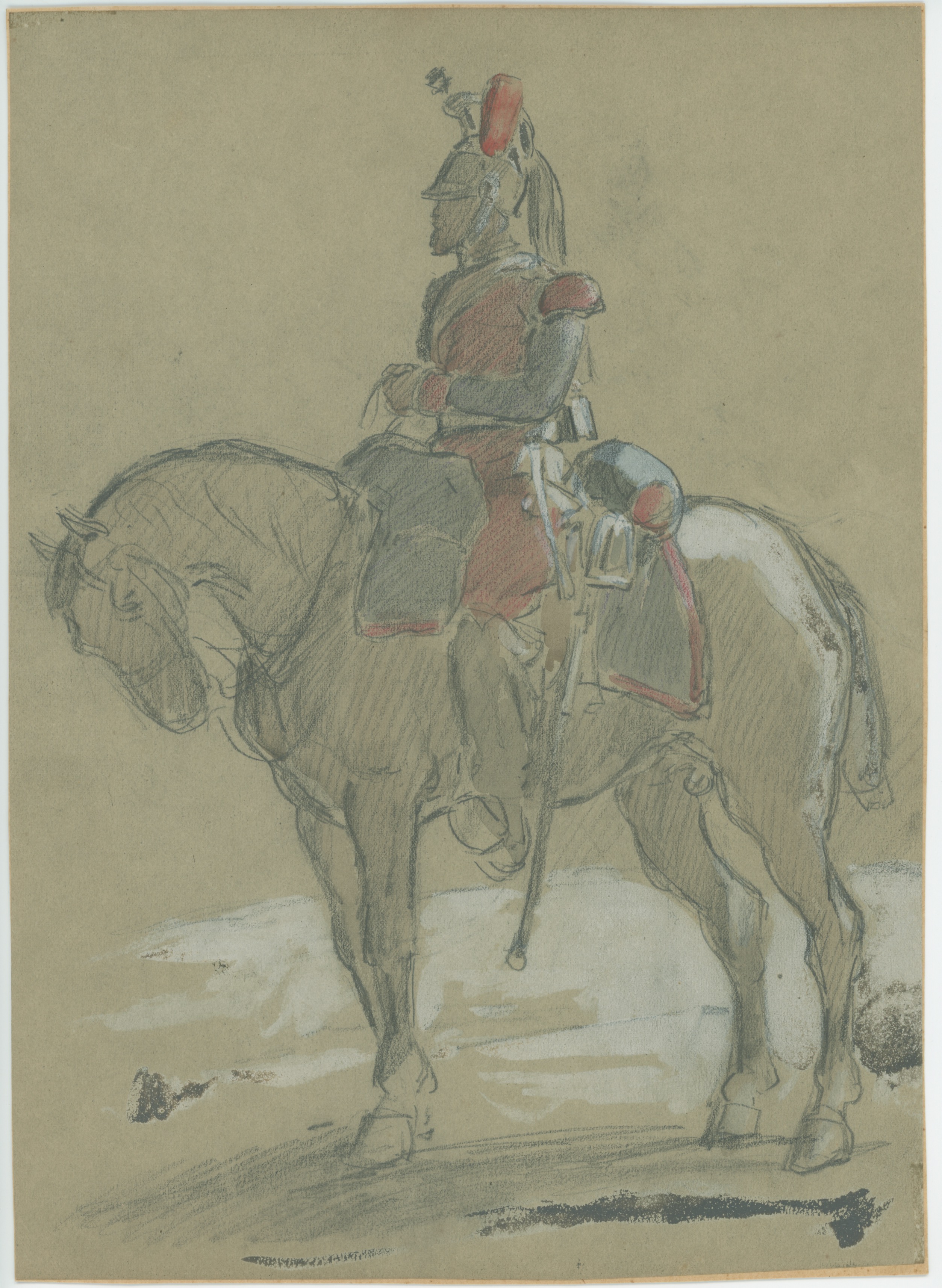 Dessin crayon rehaussé couleurs - Dragons de la Ligne - 1860 - Uniforme - Second Empire - Napoléon III - 1870