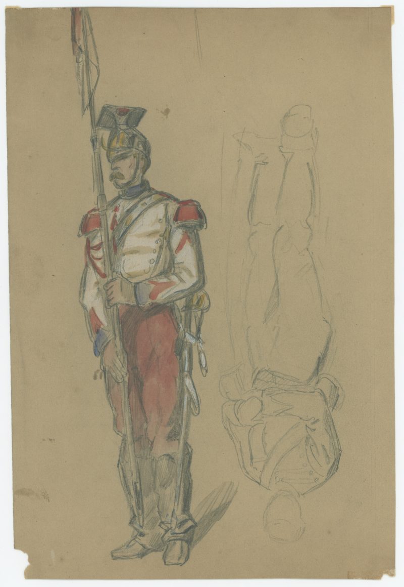 Dessin crayon rehaussé couleurs - Lancier de la Garde - 1860 - Uniforme - Second Empire - Napoléon III - 1870