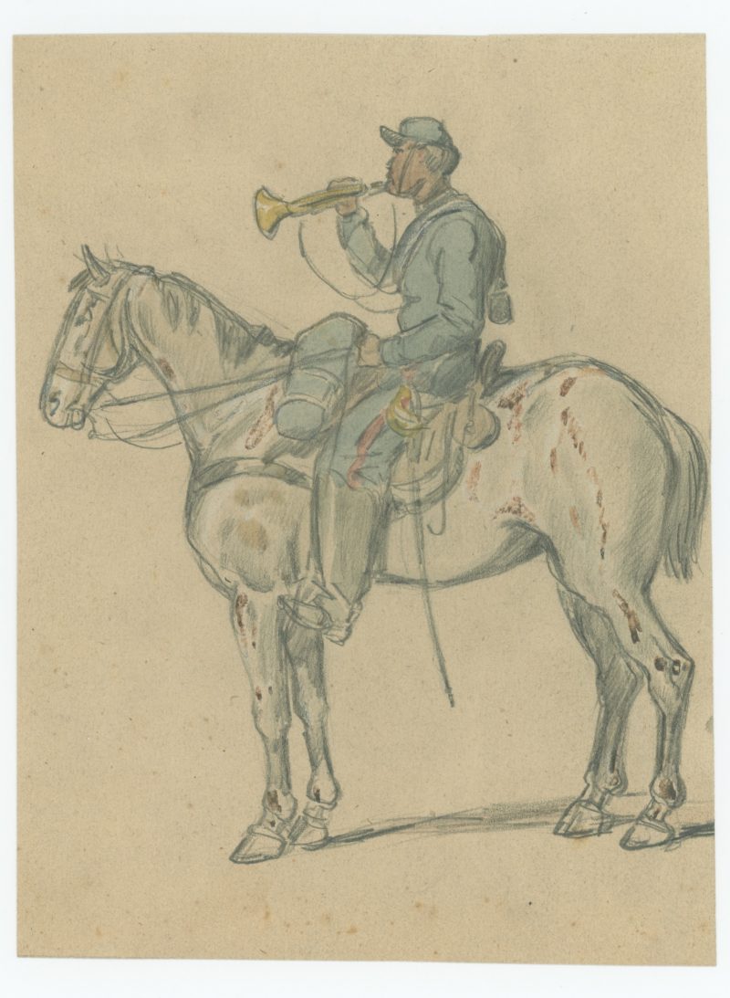 Dessin crayon rehaussé couleurs - Artilleur a Cheval - 1860 - Uniforme - Second Empire - Napoléon III - 1870