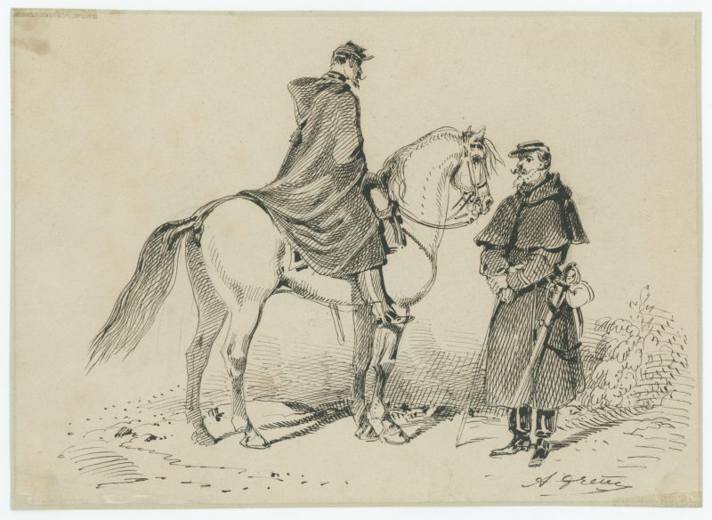 Dessin à la plume - Cheval - Officier - Infanterie - 1860/1870 - Uniforme - Second Empire - Criméen - Uniforme - Soldat