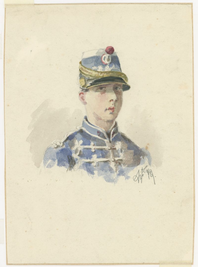 Dessin crayon rehaussé - Cavalerie - 1880 - Uniforme - 3ème République - Hussard - 3ème Régiment - Aquarelle