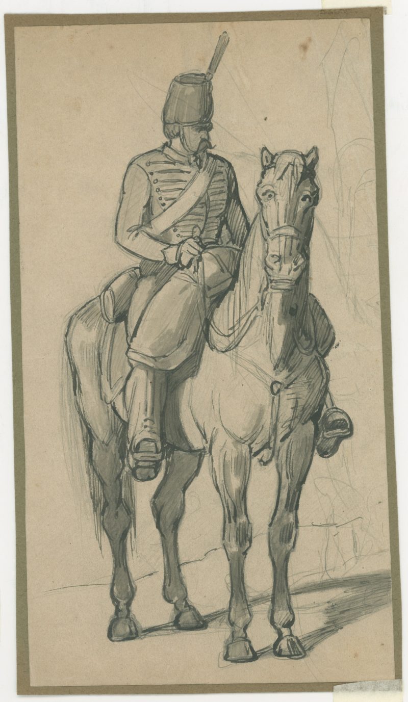 Dessin crayon rehaussé couleurs - Chasseur à Cheval - 1860 - Uniforme - Second Empire - Napoléon III - 1870