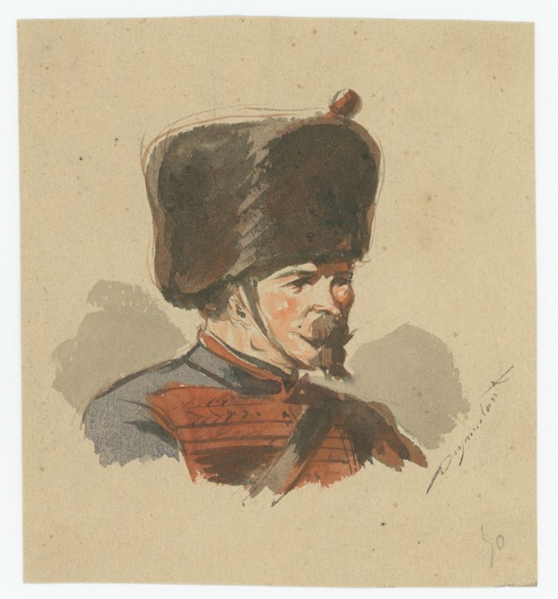 Dessin crayon rehaussé - Artillerie - Second Empire - Napoleon III - Uniforme - Aquarelle Originale 1870