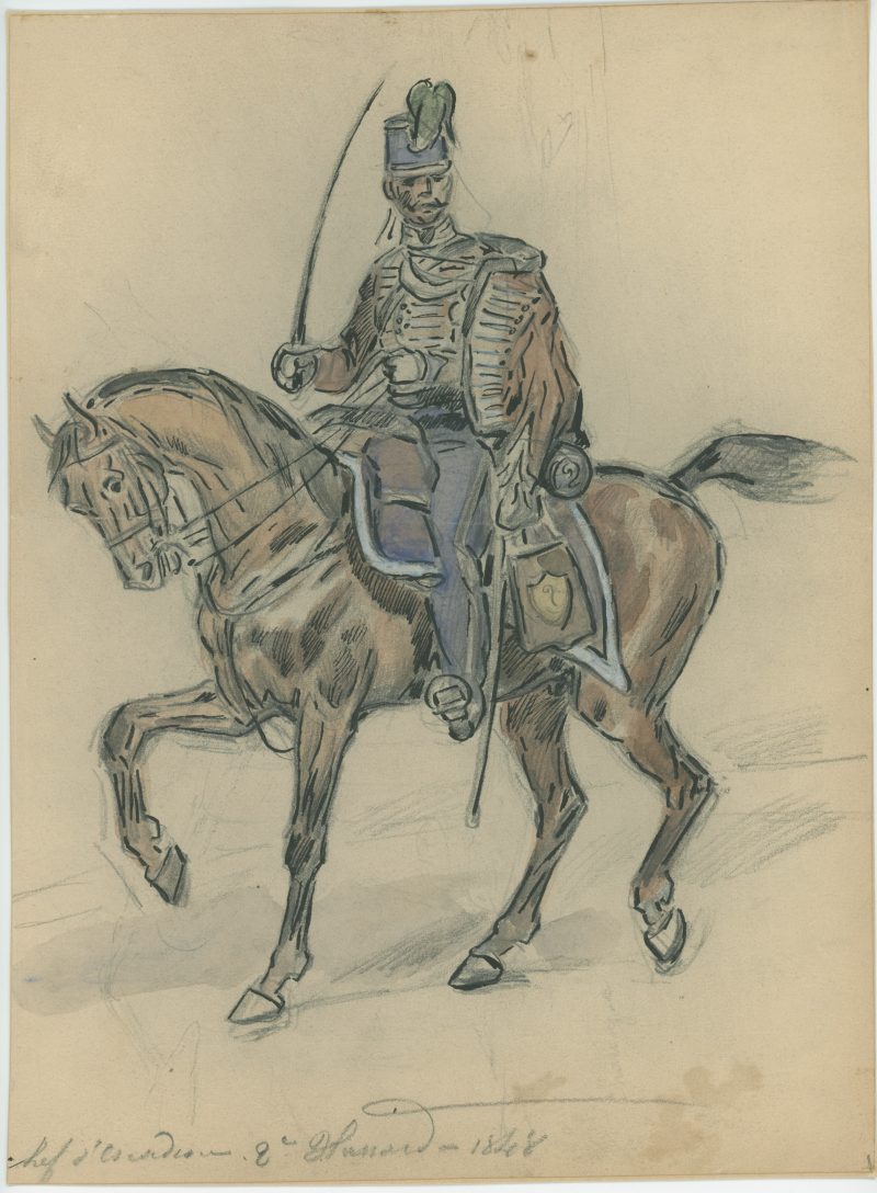 Dessin crayon rehaussé couleurs - 2e Hussard à Cheval - 1848 - Uniforme - Monarchie de Juillet